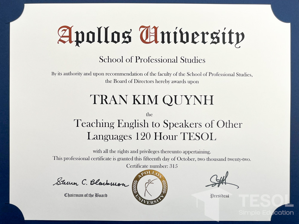 Chứng chỉ TESOL 120H cấp bởi Apollos University (Hoa Kỳ)
