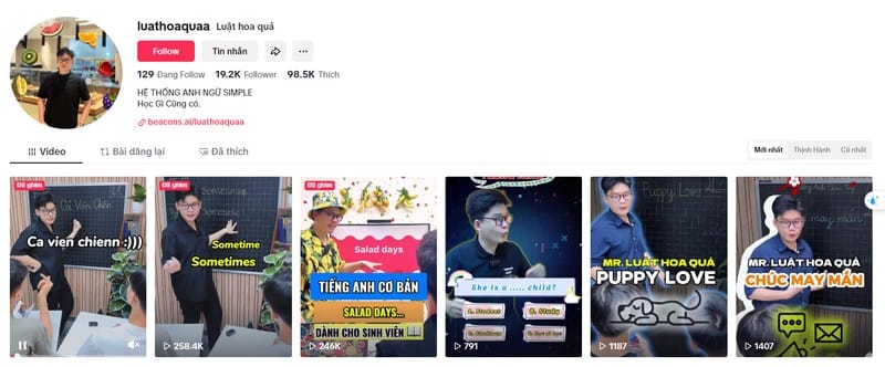 Học tiếng Anh cùng kênh của thầy Luật Hoa Quả